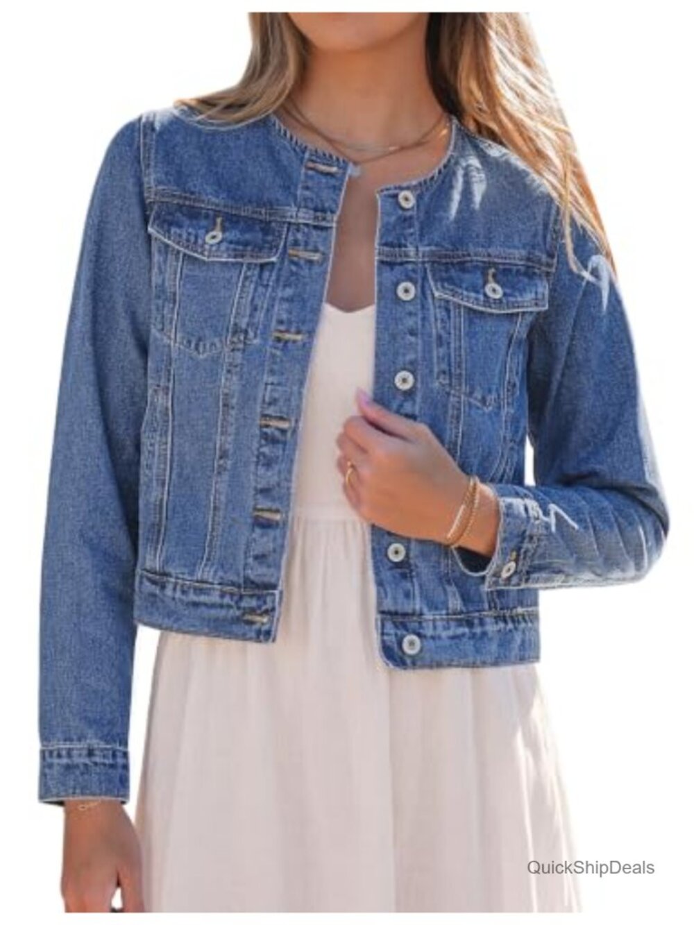 Collarless Button Down Denim Jacket Long Sleeve Cotton Blend Casual Western
